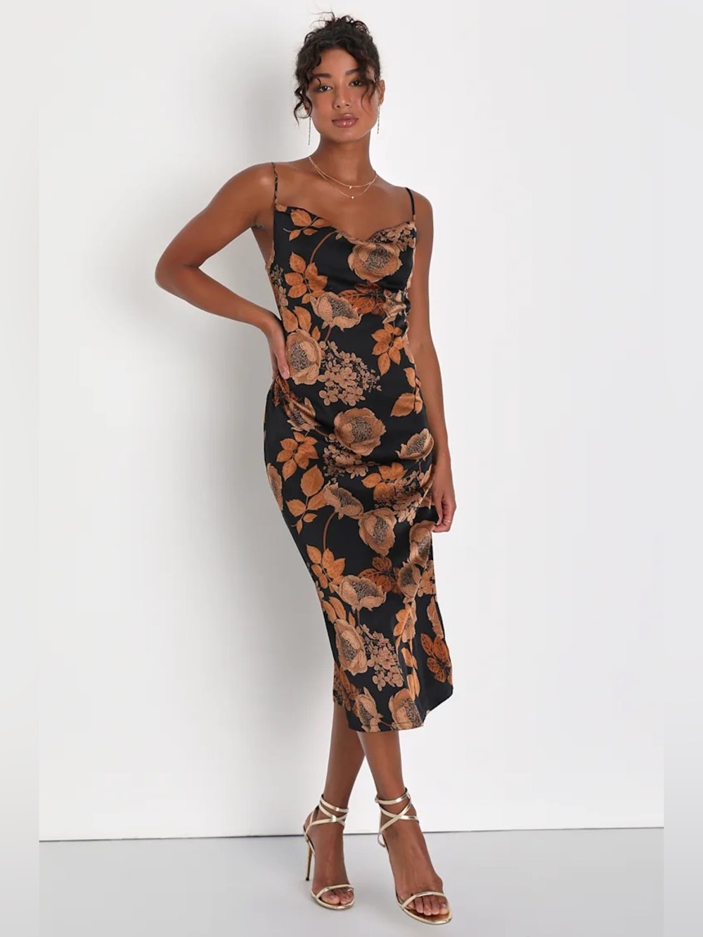 XS Lulus Favorite Icon Black Floral Satin Cowl Neck Slip Midi Dress